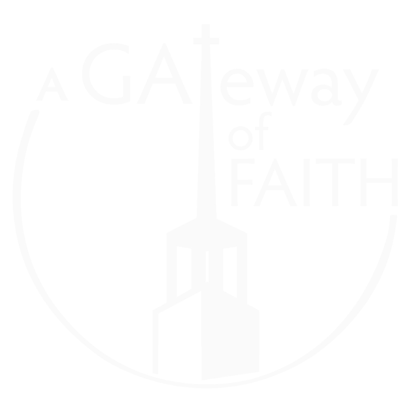 The image features a stylized church steeple inside a circle with the text "A Gateway of Faith" surrounding it.