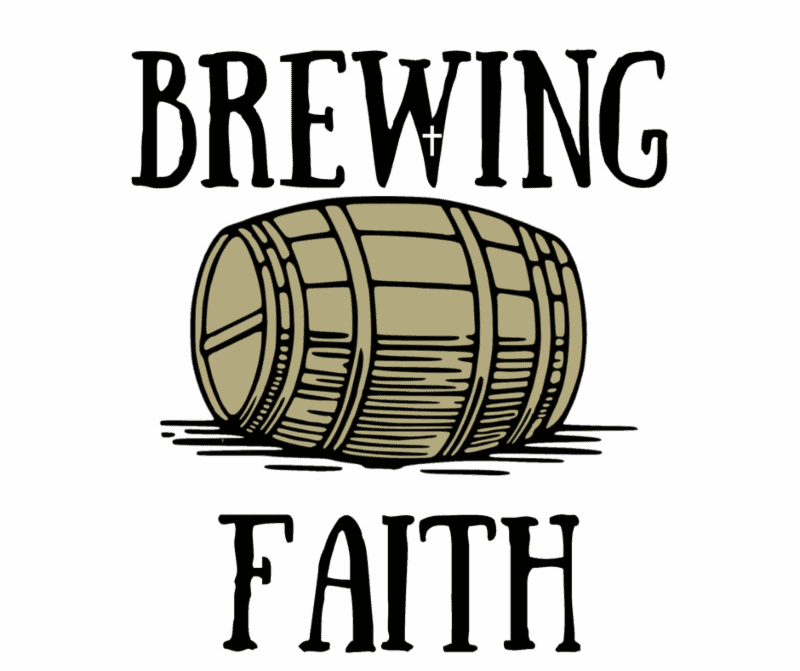 Diverse brewing barrel with the words 'Brewing Faith' above and below, symbolizing faith and community in brewing traditions.