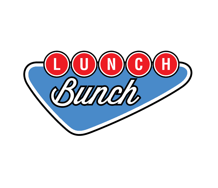 Lunch Bunch logo featuring red circles with white letters spelling 'LUNCH' above a blue and white banner with 'Bunch' written in cursive.